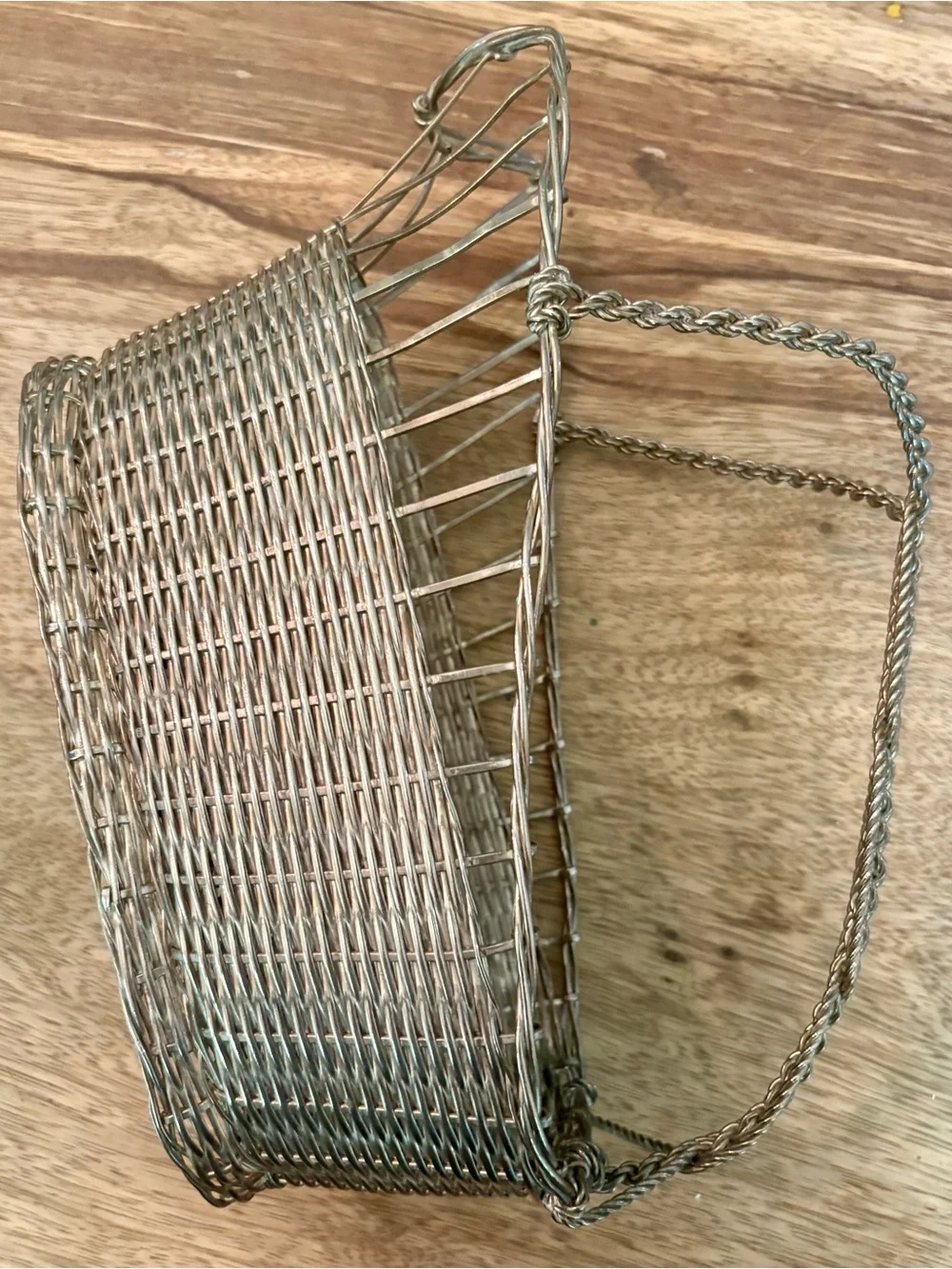VINTAGE MCM SILVER WIRE WOVEN BASKET WINE CARRIER CADDY METAL